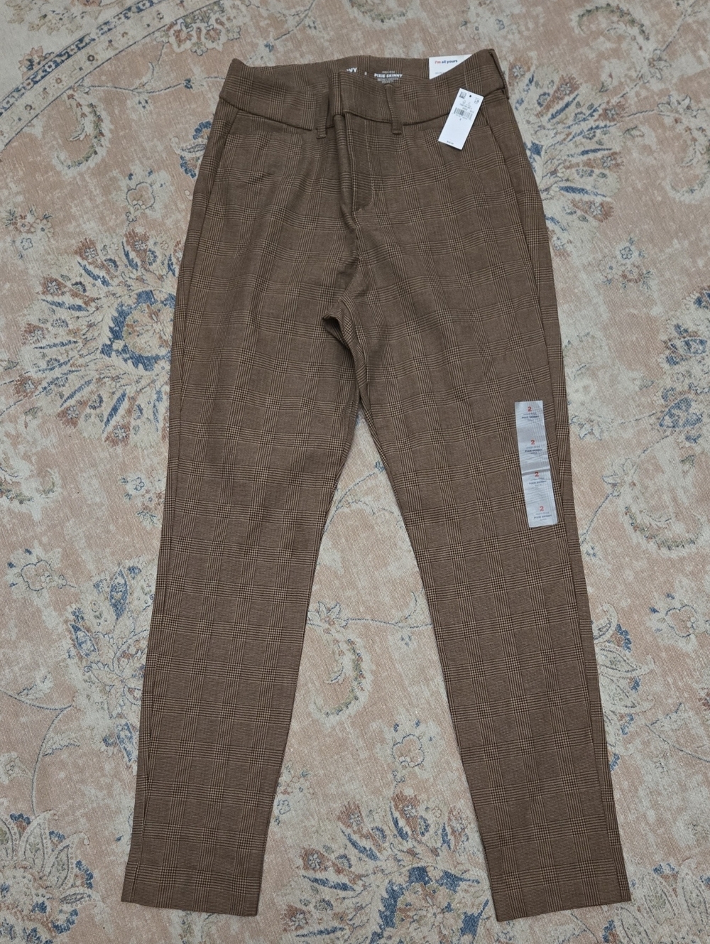 Old Navy Brown Plaid Pants Pixie Skinny High Rise Secret Smooth Pockets sz 2 NEW